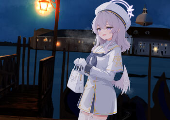 Rule 34 | 1girl, absurdres, angel wings, blue archive, blue neckerchief, commentary request, garter belt, gloves, hair between eyes, halo, hat, highres, long hair, mizusaki (kn27), neckerchief, purple eyes, purple hair, purple halo, sailor collar, school uniform, serafuku, smile, solo, tea party militant (blue archive), thighhighs, thighs, white gloves, white hat, white sailor collar, white serafuku, white thighhighs, white wings, wings