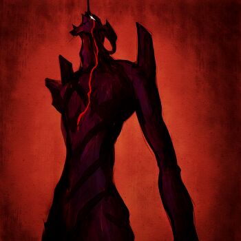 Rule 34 | armor, biomechanical, blood, blood trail, bloody tears, byneet, devilman, devilman crybaby, eva 01, evangelion (mecha), horns, looking up, mecha, mecha focus, neon genesis evangelion, painting (medium), purple armor, red background, robot, scar, scar across eye, scar on face, shoulder fins, single horn, solo, super robot, traditional media, white eyes