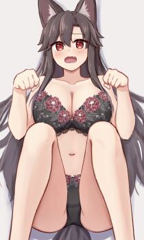 1girl absurdres alternate_costume animal_ear_fluff animal_ears black_bra black_panties blush bra brown_hair collarbone commentary_request embarrassed fang floral_print_bra forneus_0 grey_background highres imaizumi_kagerou lingerie looking_at_viewer open_mouth panties paw_pose red_eyes simple_background skin_fang solo tail tearing_up touhou underwear underwear_only wolf_ears wolf_girl wolf_tail