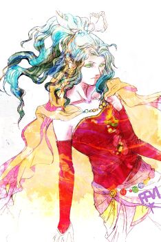 1girl breasts cape closed_mouth copyright_name detached_sleeves dress final_fantasy final_fantasy_vi green_hair hair_ribbon long_hair medium_breasts parted_bangs ponytail red_dress red_sleeves ribbon ruka_(blueplus84) solo strapless strapless_dress tina_branford tube_dress waist_cape wavy_hair white_background yellow_cape