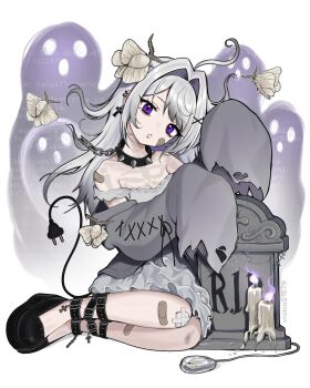 1girl alternate_eye_color alternate_hair_color animal animal_on_head bandaid bandaid_on_cheek bandaid_on_face bandaid_on_leg bare_shoulders black_shoes bug cable cable_tail candle chain collar computer_mouse electric_plug electric_plug_tail full_body gauze_on_knee ghost hair_intakes highres insect long_hair long_sleeves looking_at_viewer mechanical_tail moth off_shoulder on_head original purple_eyes shoes sitting sleeves_past_fingers sleeves_past_wrists solo spiked_collar spikes tail tombstone vickie_(cryingrobot) vickie_(cryingrobot)_(character) white_hair
