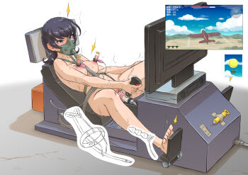 1girl bdsm bondage bound controller dildo ha_ku_ronofu_jin harness highres joystick mask nipple_extender nipple_stretching oxygen_mask predicament_bondage restrained sex_machine sex_toy sweat text_focus translated trigger vibrator video_game