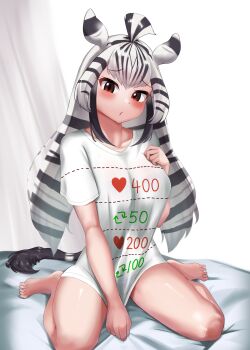 1girl absurdres animal_ears animal_print black_hair blush breasts chapman&#039;s_zebra_(kemono_friends) covering_crotch covering_privates cut-here_line dotted_line embarrassed extra_ears highres kemono_friends kemono_friends_3 large_breasts like_and_retweet long_hair looking_at_viewer meme multicolored_hair naked_shirt negi_e_mon on_bed oversized_clothes oversized_shirt seiza shirt shirt_tug short_sleeves simple_background sitting solo striped_hair t-shirt tail text_print twitter_cutting_game twitter_strip_game two-tone_hair white_background white_hair white_shirt zebra_ears zebra_girl zebra_print zebra_tail
