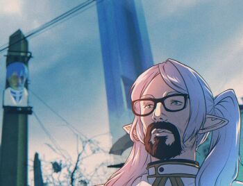 1boy beard black-framed_eyewear blue_sky blurry blurry_background brown_hair commentary cosplay english_commentary expressionless facial_hair frieren frieren_(cosplay) glasses goatee gold_trim gordon_freeman green_eyes grey_hair hair_over_shoulder half-life half-life_(series) half-life_2 himmel_(sousou_no_frieren) himmel_(sousou_no_frieren)_(cosplay) male_focus meme outdoors parted_bangs pointy_ears sidelighting sky sousou_no_frieren spoiledmuffin stubble tower tree twintails upper_body upward_angle_frieren_drawing_(meme) wallace_breen