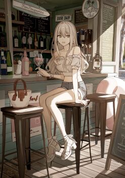 1girl absurdres bag bar_(place) bar_stool bare_shoulders bracelet breasts brown_eyes collarbone crop_top cropped_shirt cup denim denim_shorts drinking_straw earrings glass hair_between_eyes high_heel_sandals highres indoors innertube jewelry long_hair looking_at_viewer midriff on_stool open_mouth original sandals shirt shorts sitting smile solo stool swim_ring tamitami white_hair white_shirt