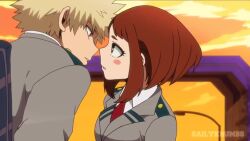 1boy 1girl afternoon animated bakugou_katsuki blonde_hair boku_no_hero_academia breasts brown_eyes brown_hair bush closed_eyes dimples grass hands_in_pockets height_difference hetero kiss krumbs_(dailykrumbs) large_breasts looking_at_another medium_hair necktie official_style pants red_eyes school_uniform shoes short_hair skirt spiked_hair tagme tree u.a._school_uniform uraraka_ochako video