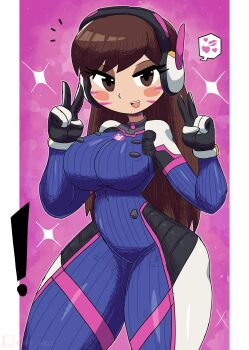 ! 1girl absurdres animal_print blizzard_(company) blue_bodysuit blush bodysuit breasts brown_eyes brown_hair d.va_(overwatch) facial_mark gloves headset heart highres large_breasts long_hair looking_at_viewer open_mouth overwatch overwatch_1 pink_background print_bodysuit rabbit_print smile sparkle speech_bubble spoken_heart spoken_kiss spoken_lipstick_mark standing teeth thick_thighs thighs tony_welt whisker_markings white_gloves wide_hips