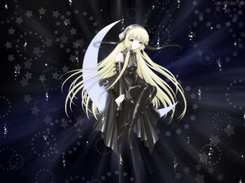 00s 1girl black_eyes black_theme blonde_hair chii chobits clamp dark dress elda female_focus freya freya_(chobits) goth_fashion gothic_lolita hairband kimura_masahiro lolita_fashion long_hair night persocons robot_ears sad sitting solo very_long_hair yellow_eyes