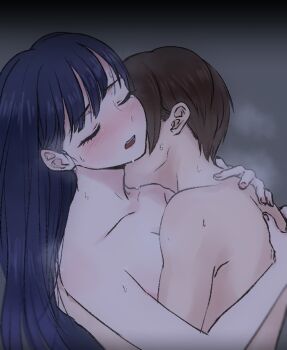1boy 1girl black_hair blush boku_no_kokoro_no_yabai_yatsu closed_eyes hetero hug ichikawa_kyoutarou long_hair narumi_(62rimi) nude open_mouth short_hair sweat upper_body yamada_anna