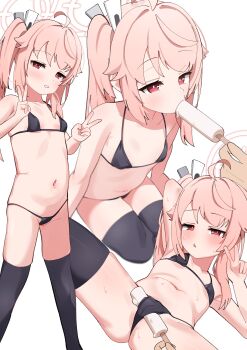 1girl 1other absurdres ahoge arm_behind_head asymmetrical_bangs bikini black_bikini black_thighhighs blue_archive blush commentary crotch_rub double_v fellatio flat_chest food half-closed_eyes highres holding holding_food holding_popsicle loli micro_bikini multiple_views natsu_(blue_archive) navel oral pink_eyes pink_hair popsicle side_ponytail simulated_fellatio spread_legs squeans standing swimsuit thighhighs triangle_mouth v yonketa