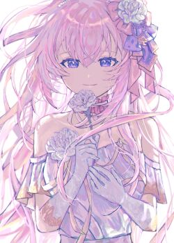 1girl closed_mouth flower gloves hair_between_eyes hashtag-only_commentary highres holding holding_flower kkyu_(c3215xz) long_hair looking_at_viewer megurine_luka pink_hair purple_eyes smile solo very_long_hair vocaloid white_background white_flower white_gloves