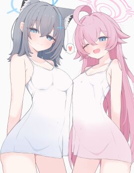 2girls absurdres ahoge animal_ear_fluff animal_ears arms_behind_back blue_archive blue_eyes blue_halo blush breasts closed_mouth collarbone commentary_request cowboy_shot cross cross_hair_ornament dress earrings extra_ears fang grey_hair hair_ornament halo heart highres hoshino_(blue_archive) inverted_cross jewelry long_hair looking_at_viewer medium_hair multiple_girls nui_(nuinui0300) one_eye_closed open_mouth pink_hair pink_halo shared_speech_bubble shiroko_(blue_archive) short_dress simple_background small_breasts smile speech_bubble spoken_heart stud_earrings variant_set very_long_hair white_background white_dress wolf_ears wolf_girl
