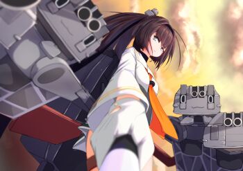 Rule 34 | absurdres, akizuki (kancolle), akizuki kai ni (kancolle), black hair, black headband, chou-10cm-hou-chan, chou-10cm-hou-chan (akizuki's), commentary request, gloves, gradient sky, grey eyes, headband, headgear, highres, kantai collection, looking at viewer, neckerchief, orange neckerchief, ponytail, rigging, selfie, shirt, sky, tastas, upper body, white gloves, white shirt