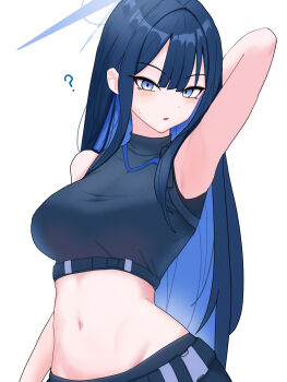 Rule 34 | 1girl, ?, amenaka, arm up, armpits, bare shoulders, belt, black belt, black hair, black pants, black shirt, blue archive, blue eyes, blue hair, blue halo, blunt bangs, blush, breasts, colored inner hair, commentary, cowboy shot, crop top, groin, hair between eyes, halo, highres, long hair, looking at viewer, medium breasts, midriff, multicolored hair, navel, no mask, pants, parted lips, presenting armpit, saori (blue archive), shirt, sidelocks, simple background, sleeveless, sleeveless shirt, solo, standing, sweat, white background