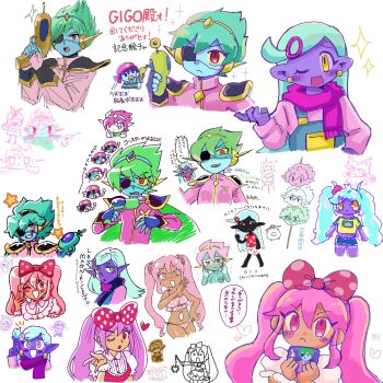 1girl 6+boys :< artist_collaboration artist_request blue_gloves blue_hair blue_overalls blue_skin bow brazilian_miku brazilian_miku_(cosplay) captain_spaceboy closed_mouth colored_sclera colored_skin commentary_request cosplay dark-skinned_female dark_skin double-parted_bangs earrings eyepatch fingerless_gloves gloves green_hair gun hair_between_eyes hair_bow hair_ornament hairclip hatsune_miku highres holding holding_gun holding_weapon jewelry long_hair long_sleeves multiple_boys omori one_eye_closed overalls pink_bow pink_scarf pink_sweater pointy_ears polka_dot polka_dot_bow purple_skin red_eyes rococo_(omori) scarf short_hair sidelocks sweater sweetheart_(omori) translation_request twintails vocaloid weapon yamegane yellow_eyes yellow_sclera