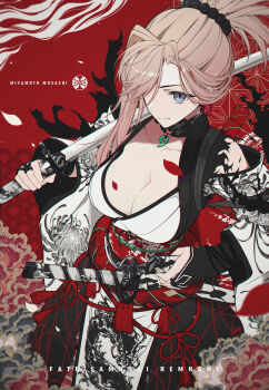 1girl absurdres bare_shoulders blue_eyes breasts cleavage dragon_print earrings fate/samurai_remnant fate_(series) grey_kimono gugugu_official hair_ornament highres japanese_clothes jewelry katana kimono large_breasts long_hair long_sleeves looking_at_viewer magatama miyamoto_musashi_(fate) miyamoto_musashi_(woman_of_niten_ichiryuu)_(fate) obi pelvic_curtain pink_hair ponytail rope_belt sash smile solo swept_bangs sword weapon wide_sleeves