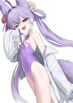 1girl :d absurdres ahoge arm_at_side blue_eyes bow bowtie breasts brown_eyes cardigan choppy_bangs commentary_request cone_hair_bun covered_navel cowboy_shot detached_collar double_bun fang fox_tail from_side hair_bun hair_intakes hair_ornament hand_up heterochromia highres korean_commentary kupony leotard long_hair long_sleeves looking_to_the_side open_mouth pom_pom_(clothes) pom_pom_hair_ornament purple_hair purple_leotard red_bow red_bowtie simple_background single_off_shoulder skin_fang sleeves_past_fingers sleeves_past_wrists small_breasts smile solo standing stellive strapless strapless_leotard tail tenko_shibuki turning_head twintails very_long_hair virtual_youtuber white_background white_cardigan wing_collar