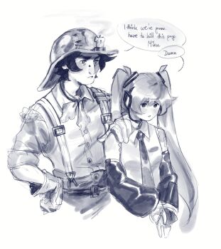 1boy 1girl blush candle commentary cropped detached_sleeves english_commentary english_text gloves greyscale hair_ribbon hand_on_another&#039;s_shoulder hand_on_own_hip hat hatsune_miku headset highres i_think_we&#039;re_gonna_have_to_kill_this_guy_steven_(meme) identity_v meme mole mole_on_nose monochrome necktie norton_campbell ribbon selvenus short_sleeves sketch suspenders twintails vocaloid