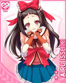 1girl blue_skirt blunt_bangs bow bowtie brown_bow brown_bowtie brown_hair card_(medium) character_name fingerless_gloves girlfriend_(kari) gloves hair_bow isshiki_airu looking_at_viewer official_art orange_gloves orange_serafuku orange_shirt pink_background pleated_skirt qp:flapper raised_inner_eyebrows red_bow red_eyes sailor_collar school_uniform serafuku shirt skirt smile solo white_sailor_collar