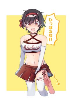 1girl black_hair blush breasts cheerleader cleavage crest elbow_gloves fang gloves hairband highres navel nue_no_onmyouji open_mouth red_eyes short_hair skin_fang skirt square sweat thighhighs tomesode_shitotsu zundaa
