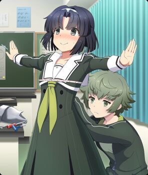 2girls armor black_hair blush breasts bust_measuring buttons chalkboard closed_mouth cowboy_shot curtains double-breasted dress embarrassed game_cg green_dress green_eyes green_hair green_hairband green_jacket green_neckerchief green_shirt grey_eyes hairband heijou_institute_school_uniform indoors jacket long_sleeves measuring multiple_girls musumi_kiyoka neckerchief nose_blush note official_art outstretched_arms parted_bangs partially_open_jacket partially_unzipped pinstripe_dress pinstripe_pattern polka_dot_hairband sailor_collar school_uniform screwdriver shirt short_hair small_breasts small_sweatdrop smile spiked_hair spread_arms tape_measure tatsunami_momo third-party_source toji_no_miko toji_no_miko:_kizamishi_issen_no_tomoshibi white_sailor_collar