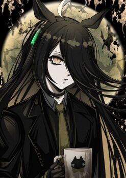 1girl ahoge animal_ears animal_print black_coat black_hair black_shirt cat_print coat collared_shirt contrast_collar cup ear_ornament ear_tag earrings hair_over_one_eye hand_up highres holding holding_cup horse_ears horse_girl jewelry long_bangs long_hair long_sleeves manhattan_cafe_(umamusume) mug multicolored_hair parted_lips quaint_uplet shirt single_earring solo umamusume variant_set very_long_hair white_hair yellow_eyes
