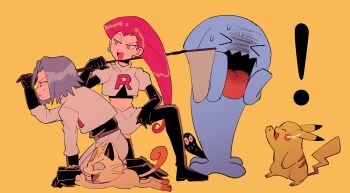 ! >_< 1boy 1girl arm_support binoculars black_gloves blue_eyes blue_hair butterfly_net commentary_request crop_top earrings fangs full_body gen_1_pokemon gen_2_pokemon gloves green_eyes hair_slicked_back hand_net holding holding_binoculars holding_butterfly_net james_(pokemon) jessie_(pokemon) jewelry meowth nintendo on_one_knee open_mouth pants pikachu pink_hair pokemon pokemon_(anime) pokemon_(creature) single_letter skirt sphere_earrings team_rocket team_rocket_uniform wei_mu white_pants white_skirt wobbuffet yellow_background