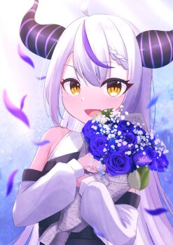 1girl ahoge black_shirt blue_background blush bouquet braid commentary_request demon_girl demon_horns double-parted_bangs dress falling_petals flower gradient_background hair_between_eyes happy holding holding_bouquet hololive horns la+_darknesss long_hair long_sleeves looking_at_viewer multicolored_hair open_mouth petals pointy_ears purple_flower purple_petals purple_streaks ramkilog shirt single_braid single_hair_streak smile solo streaked_hair striped_horns two-tone_shirt upper_body virtual_youtuber white_hair white_shirt yellow_eyes