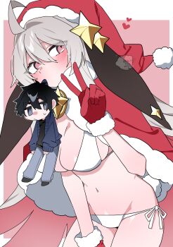 absurdres ahoge arm_up bent_over bikini black_hair black_shirt black_shoes blue_cardigan blush blush_stickers breasts cape cardigan chibi cleavage commentary_request denim diamond-shaped_pupils diamond_(shape) fur-trimmed_cape fur-trimmed_gloves fur-trimmed_headwear fur_trim gloves grey_hair hair_intakes hand_on_own_thigh hat heart highres jeans ma_tai_(oimotororo1116) medium_breasts messy_hair mouth_hold navel oimotororo1116 original pants pink_background red_cape red_gloves santa_hat shirt shoes side-tie_bikini_bottom stomach swimsuit symbol-shaped_pupils v white_bikini