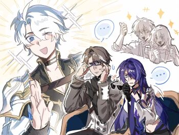 ... 2girls 3boys acheron_(honkai:_star_rail) annoyed black_choker black_scarf blue_eyes blush brown_hair caelus_(honkai:_star_rail) chair cheering choker clenched_teeth coat collarbone collared_coat detached_sleeves bad_tag glaring glasses hair_between_eyes hair_over_one_eye hand_up happy hashtag-only_commentary highres holding honkai:_star_rail honkai_(series) jacket japanese_clothes long_hair long_sleeves looking_to_the_side multicolored_hair multiple_boys multiple_girls on_chair one_eye_closed open_mouth pants pectoral_cleavage pectorals phainon_(honkai:_star_rail) purple_eyes purple_hair scarf shaded_face short_hair sitting smile sparkle sparkling_aura speech_bubble stelle_(honkai:_star_rail) streaked_hair sunglasses sweatdrop teeth thumbs_up trailblazer_(honkai:_star_rail) unworn_eyewear upper_body waving wavy_hair welt_yang white_background white_hair wide_sleeves wrong5166