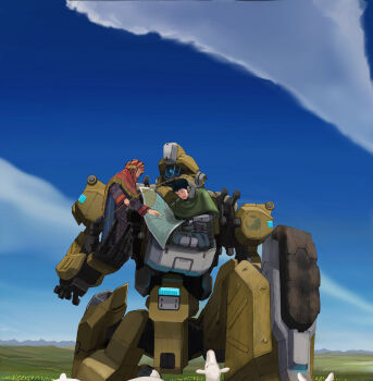 1boy 1girl black_hair blue_background border_break character_request crossover headscarf highres holding ine_(kkumagusu) machine map mecha otoyomegatari pointing robot taras time_paradox