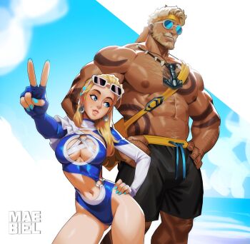 1girl beard blonde_hair blue_eyes breasts cleavage cleavage_cutout clothing_cutout earrings facial_hair fantastic_four highres jewelry large_breasts long_hair maebiel marvel marvel_rivals navel official_alternate_costume one-piece_swimsuit smile sue_storm sue_storm_(azure_shade) sunglasses swimsuit thighs thor_(marvel) v