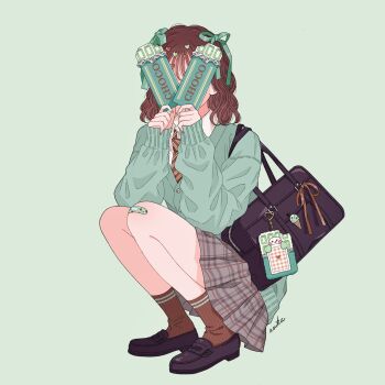 1girl asuka_(a20_suka002018) bag bag_charm bow brown_hair brown_shoes candy cardigan charm_(object) chocolate chocolate_bar choppy_bangs food full_body green_bow green_cardigan hair_bow hair_ornament highres holding holding_chocolate holding_food long_sleeves medium_hair necktie original pleated_skirt red_necktie red_socks school_bag school_uniform shoes skirt socks solo square variant_set