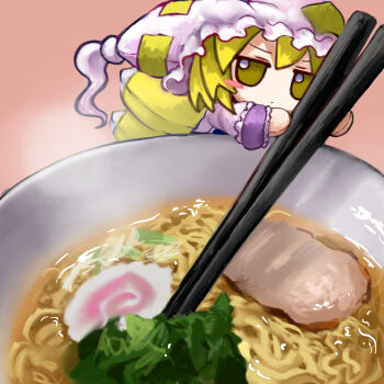 Rule 34 | 1girl, absurdres, blonde hair, blush stickers, bowl, chopsticks, food, food focus, fumo (doll), hat, highres, holding, holding chopsticks, kamaboko, mini person, minigirl, mob cap, narutomaki, noodles, ramen, rusuban (yakumora n), solo, touhou, yakumo ran, yellow eyes