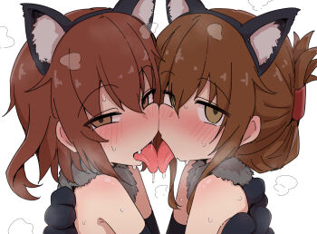 2girls ame_(amechan17391739) animal_ears animal_hands bad_tag blush brown_eyes brown_hair cat_ears cat_paws cheek-to-cheek elbow_gloves fake_animal_ears fang folded_ponytail french_kiss gloves heads_together ikazuchi_(kancolle) inazuma_(kancolle) kantai_collection kiss loli looking_at_viewer medium_hair multiple_girls paw_gloves saliva siblings simple_background sisters sweat tongue tongue_out upper_body white_background yuri