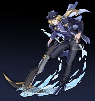 1boy arm_out_of_sleeve bicep_strap black_coat black_hat black_pants black_shoes blonde_hair blue_background blue_necktie bracelet coat full_body gloves gold_ring grey_eyes grin hair_between_eyes half_gloves hand_on_own_hip hashtag-only_commentary hat heterochromia holding holding_scythe holding_weapon hugo_vlad ice jewelry lapel_pin leg_up long_hair looking_at_viewer male_focus mole mole_under_eye multiple_rings necktie pants pointy_ears purple_shirt red_eyes ring scythe shirt shirt_tucked_in shoes single_glove single_half_glove sleeves_rolled_up smile solo standing standing_on_one_leg twitter_username weapon zenless_zone_zero zialron