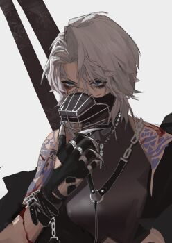 1girl adjusting_mask arm_tattoo black_gloves black_shirt blood_from_ears blue_eyes claws clothing_cutout cuts forehead glove_cutout gloves harness highres injury looking_ahead muzzle_(mask) necklace path_to_nowhere qyroxie shirt short_hair silver_necklace sleeveless sleeveless_shirt solo tattoo tribal_tattoo upper_body white_background white_hair zoya_(path_to_nowhere)