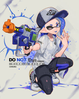 1girl :p baseball_cap black_leggings black_shorts blue_eyes collarbone commentary grey_background grey_hat grey_shirt gun hat highres holding holding_gun holding_weapon ink inkling inkling_girl inkling_player_character jinkoika leggings leggings_under_shorts long_hair nintendo one_eye_closed paint pointy_ears print_hat print_shirt rapid_blaster_pro_(splatoon) shirt shoes short_eyebrows shorts solo splatoon_(series) splatoon_3 squatting symbol-only_commentary t-shirt tentacle_hair thick_eyebrows tongue tongue_out v-shaped_eyebrows watermark weapon white_shoes