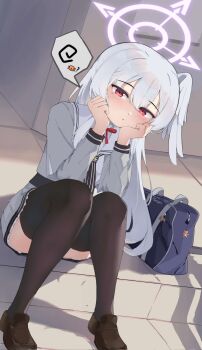 1girl bag blue_archive closed_mouth commentary commentary_request english_commentary grey_serafuku grey_skirt grey_wings hair_between_eyes halo head_on_hands head_wings highres image_in_speech_bubble long_hair looking_at_viewer lumayian mixed-language_commentary neck_ribbon neckerchief on_floor pout purple_halo red_eyes red_ribbon ribbon school_bag school_uniform serafuku shoes signature single_head_wing single_wing sitting skirt solo speech_bubble spoken_squiggle squiggle striped_neckerchief suzumi_(blue_archive) thighhighs twitter_username white_hair wings