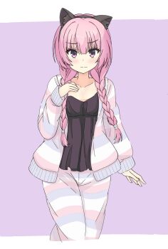 1girl animal_ear_fluff animal_ear_hairband animal_ears arm_at_side black_camisole blunt_bangs blush braid camisole cat_ears closed_mouth collarbone commentary_request cowboy_shot cropped_legs eyes_visible_through_hair fake_animal_ears frown hair_between_eyes hairband hand_up highres jacket letterboxed long_hair looking_at_viewer low_twin_braids mitsukasa_ayase official_alternate_costume official_alternate_hairstyle open_clothes open_jacket pajamas pants pink_hair purple_background purple_eyes riddle_joker simple_background sleeves_past_wrists solo split_mouth striped_clothes striped_jacket striped_pajamas striped_pants twin_braids v-shaped_eyebrows very_long_hair warm_sheep wavy_mouth
