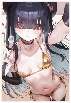 1girl absurdres alternate_costume areola_slip bare_shoulders beret bikini bikini_top_lift black_bridal_gauntlets black_choker black_hair black_hat blue_archive blunt_bangs blush border breasts bridal_gauntlets choker clothes_lift collarbone contrapposto gold_bikini hair_over_eyes hat heart highres justice_task_force_member_(blue_archive) lifting_own_clothes loli long_bangs long_hair looking_at_viewer navel nipple_slip nipples open_mouth outstretched_arm red_eyes side-tie_bikini_bottom small_breasts solo stomach suujiniku sweat swimsuit thighs white_border
