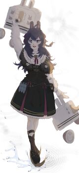 Rule 34 | 1girl, absurdres, animal ears, black boots, black dress, black hair, boots, braid, combat boots, commentary, dress, english commentary, highres, long sleeves, official alternate costume, official alternate eye color, official alternate hair color, phase connect, pinafore dress, pipkin pippa, pipkin pippa (shipkin shippa), puffy long sleeves, puffy sleeves, purple eyes, rabbit ears, rabbit girl, sleeveless, sleeveless dress, snowkindred, solo, virtual youtuber, white background