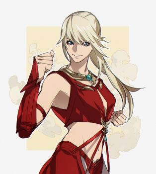 1girl blonde_hair blue_eyes clenched_hand crop_top detached_sleeves fighting_stance final_fantasy final_fantasy_xiv hyur jewelry long_hair looking_at_viewer lyse_hext monk_(final_fantasy) navel neck_ring ponytail red_shirt shirt sleeveless sleeveless_shirt smile solo yomo_(ym)