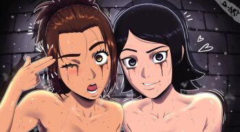 2girls absurdres boruto:_naruto_next_generations d-art gabi_braun highres makeup multiple_girls naruto_(series) nude one_eye_closed petite runny_makeup shingeki_no_kyojin tongue tongue_out uchiha_sarada wink