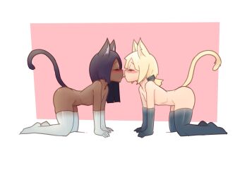 2girls all_fours animal_ears blonde_hair blue_gloves blue_thighhighs blush cat_ears cat_girl cat_tail closed_eyes convenient_censoring dark-skinned_female dark_skin elbow_gloves female_focus from_side full_body gloves grey_gloves grey_thighhighs highres interracial kiss kodomo_doushi loli long_hair medium_hair mr-e multiple_girls nude open_mouth original pink_background profile purple_hair simple_background tail thighhighs tongue tongue_out two-tone_background very_dark_skin white_background yuri