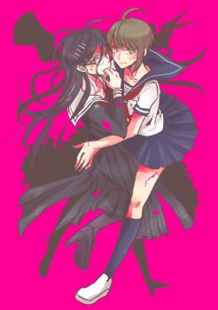 Rule 34 | 2girls, ahoge, antenna hair, black serafuku, black shirt, black shoes, black skirt, black thighhighs, bleeding, blood, blood on clothes, blood on leg, blue sailor collar, blue skirt, blue socks, closed mouth, collarbone, collared shirt, commentary request, danganronpa (series), danganronpa another episode: ultra despair girls, eyelashes, fingernails, fukawa toko, glasses, green eyes, green hair, hair between eyes, high heels, highres, holding, holding megaphone, holding scissors, holding weapon, injury, kneehighs, long hair, long skirt, long sleeves, megaphone, messy hair, mochi (plus-minus alpha), multiple girls, naegi komaru, neckerchief, necktie, pink background, pink blood, purple eyes, purple hair, red neckerchief, red necktie, round eyewear, sailor collar, school uniform, scissors, serafuku, shirt, shoes, short hair, short sleeves, sidelocks, simple background, skirt, socks, sweatdrop, thighhighs, torn clothes, torn skirt, weapon, white sailor collar, white shirt, white shoes