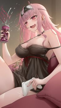 3girls absurdres art_study black_nightgown blush breasts can commentary controller english_commentary game_controller gigi_murin highres holding holding_can holding_controller holding_game_controller hololive hololive_english large_breasts long_hair mori_calliope mori_calliope_(sleepwear) multiple_girls nightgown open_mouth pink_eyes pink_hair sleep_mask smile solo_focus somebody_(leiking00) takanashi_kiara thighs virtual_youtuber