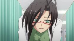 1girl animated anime_screenshot assertive_female audible_speech black_skirt bouncing_breasts breasts coat crawling earrings english_audio glasses green_eyes green_sweater half-closed_eyes hasegawa_chisato highres jewelry lab_coat large_breasts long_hair looking_at_viewer mature_female miniskirt open_mouth red_glasses seductive_gaze seductive_smile shinmai_maou_no_testament skirt smile sound sweater tagme video white_coat