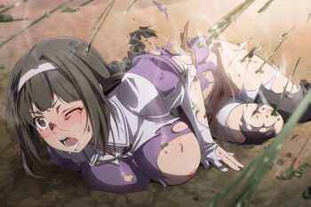 10s 1girl black_hair blush boots breasts brown_eyes dissolving_clothes dungeon_ni_deai_wo_motomeru_no_wa_machigatteiru_darou_ka female_focus female_pubic_hair glasses hairband large_breasts lying mushiro_(nijie728995) on_ground on_stomach one_eye_closed open_mouth pubic_hair riine_arshe slime_(substance) solo sword_oratoria tears thigh_boots thighhighs thighhighs_under_boots uniform white_thighhighs wince