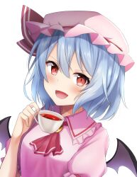 Rule 34 | 1girl, :d, absurdres, ascot, bat wings, blue hair, blush, commentary, cup, fang, frilled shirt collar, frills, hair between eyes, hand up, hat, hat ribbon, highres, holding, holding cup, looking at viewer, medium hair, mob cap, open mouth, pink hat, pink shirt, puffy short sleeves, puffy sleeves, red ascot, red eyes, red ribbon, remilia scarlet, ribbon, shirt, short sleeves, simple background, smile, solo, szl, tea, teacup, touhou, upper body, v-shaped eyebrows, white background, wings, yellow gemstone